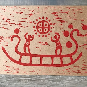 Tarjeta de felicitación en blanco con arte de petroglifo nórdico impreso en bloque