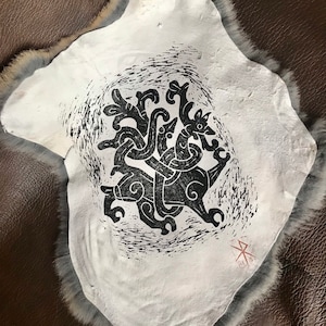 Jelling Runestone, Ritual Altar Cloth, Block Printed Rabbit Hide.