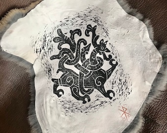 Jelling Runestone, Ritual Altar Cloth, Block Printed Rabbit Hide.