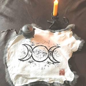 Wiccan Pagan Triple Goddess, Block Printed Rabbit Hide Altar Cloth.