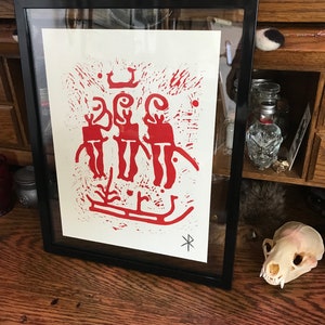 Nordic Petroglyph Print Linocut Bronze Age Rock Art Red or Black