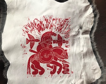 Ritual Altar Cloth, Odin, Ravens, Block Printed Rabbit Hide.