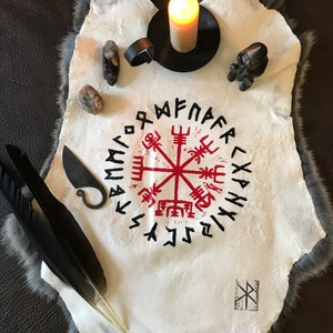 Ritual Altar cloth with Elder Futhark and Vegvisir, Block Printed Rabbit Hide.