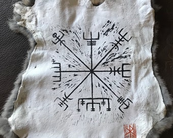 Ritual Altar Cloth, Icelandic Vegvisir Magical Stave, Block Printed Rabbit Hide.