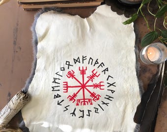 Ritual Altar cloth with Elder Futhark and Vegvisir, Block Printed Rabbit Hide.