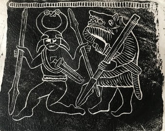 Odin Torslunda Ritual Altar Cloth, Block Printed Rabbit Hide.