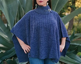 Mexican Poncho high neck, mexican cape color blue for the winter, Winter Poncho. Cape color blue