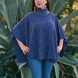 Mexican Poncho high neck, mexican cape color blue for the winter, Winter Poncho. Cape color blue