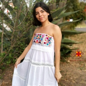 Mexican Dress strapless long dress Embroidered Dress Traditional Mexican Dress mexican dress up mexican folk dress Floral Dress White