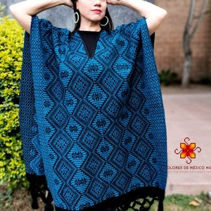 Mexican shawl. Pashmina shawl. Winter rebozo. Embroidered shawl. Mexican scarf Color blue and black