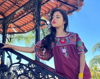 Mexican Women Top - Boho Short Sleeve Embroidered Flowers Color Blouse - Handmade Blouse