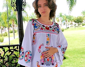 メキシカン中小ブラウスブルー花柄半袖/刺繍シャツ/ウイピル/シャツ