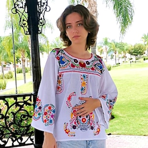 Mexican blouse - embroidered blouse - blouse flowers - blouse bell sleeve - Boho handmade top - Mexican blanket shirt all sizes