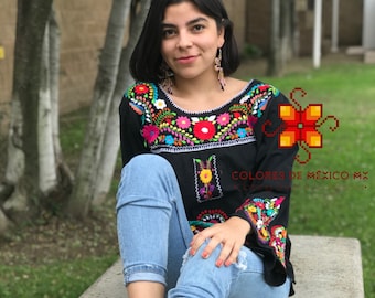 Mexican Blouse Bell Sleeve Color black - Handmade Blouse - Embroidered blouse - floral blouse - women blouse - All Sizes