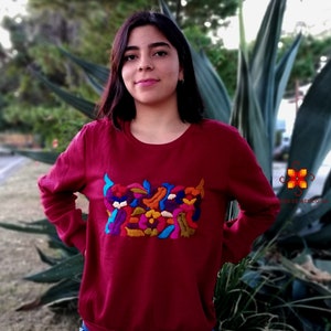 Mexican Floral Embroidered Sweatshirt - Fashion Sweatshirt - Boho Sweatshirt handmade - cotton sweater color burgundy