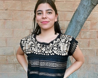 Mexican blouse made on a Loom.  Embroidered blouse. Dove and floral lace blouse. Mexican huipil. Mexican artisanal top