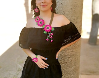 Mexican Dress - off shoulder dress - long dress - Embroidered Dress - Traditional Dress - mexican dress up - mexican folk dress