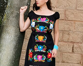 farm rio embroidered maxi dress Embroidered Mexican Dress: Off-Shoulder Manta Cotton Fiesta Dress – Raquells main image 1