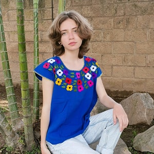 Mexican Small-medium blue blouse with flowers and short sleeve/Embroidered shirt/Huipil/Shirt handmade/Flower shirt/Mexican shirt /
