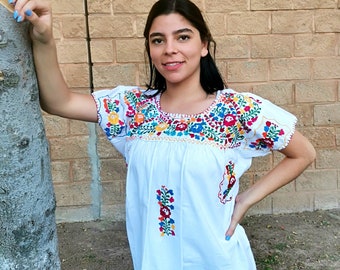 Mexican blouse - embroidered flowers blouse - Huipil handmade blouse - Boho blouse short sleeve color white  all sizes