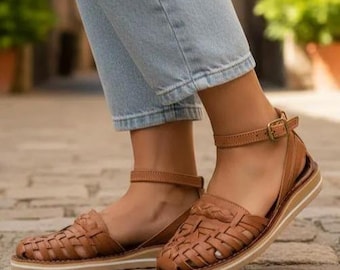 Mexicaanse leren sandalen met enkelbandje, Mexicaanse huarache sandalen, Mexicaanse schoenen, leren schoenen, handgemaakte sandaal, handgemaakte boho sandaal