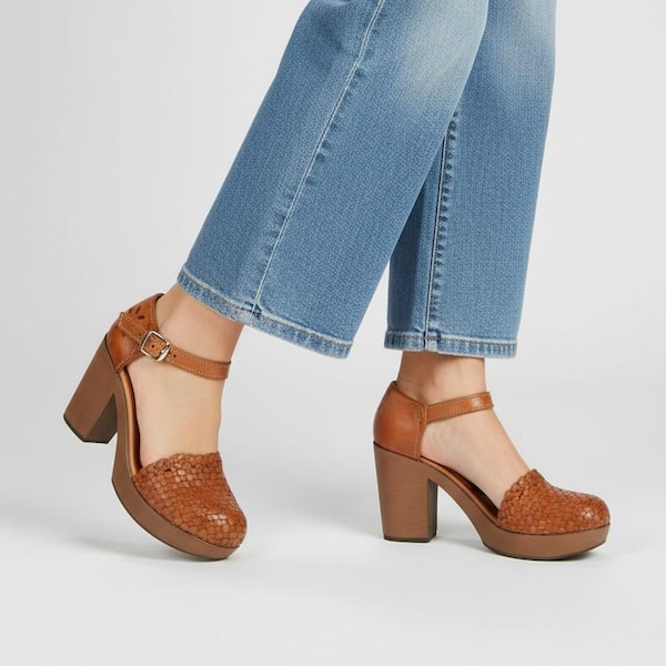 Lederschuhe, Plateauschuhe für Damen, Huarache-Sandalen, braune mexikanische Schuhe, Flechtschuhe, handgefertigte Sandalen, mexikanische Schuhe