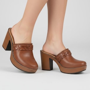 Leather Clogs, Mexican clogs, Leather Shoes, Platform shoes for womens,  Mexican Boho shoes brown Color, artisanal huarache sandals handmade