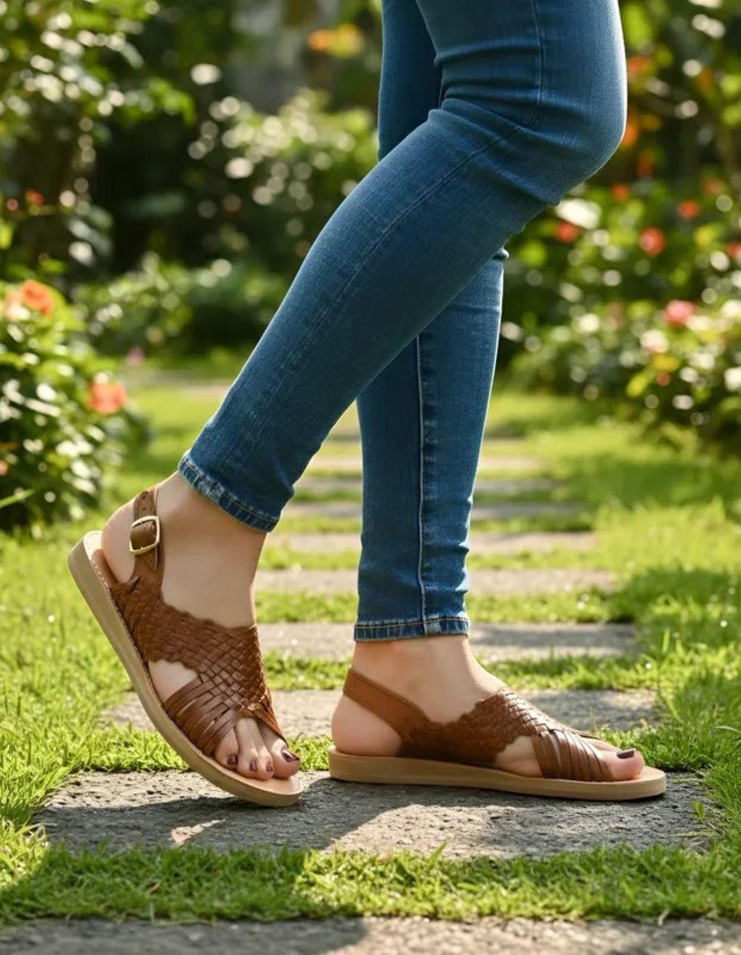 Women Leather Huarache Sandals With Adjustable Strap, Handmade