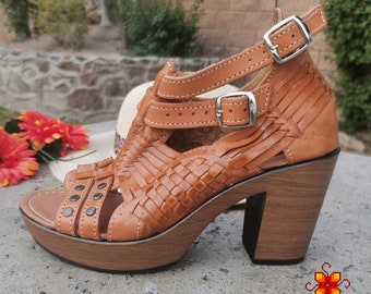 Huarache sandals, Leather Sandals Platform Heel Mexican Boho