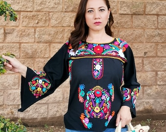 Mexican Blouse - Handmade Blouse - Embroidered blouse - floral blouse - blouse Bell Sleeve Color black - All Sizes