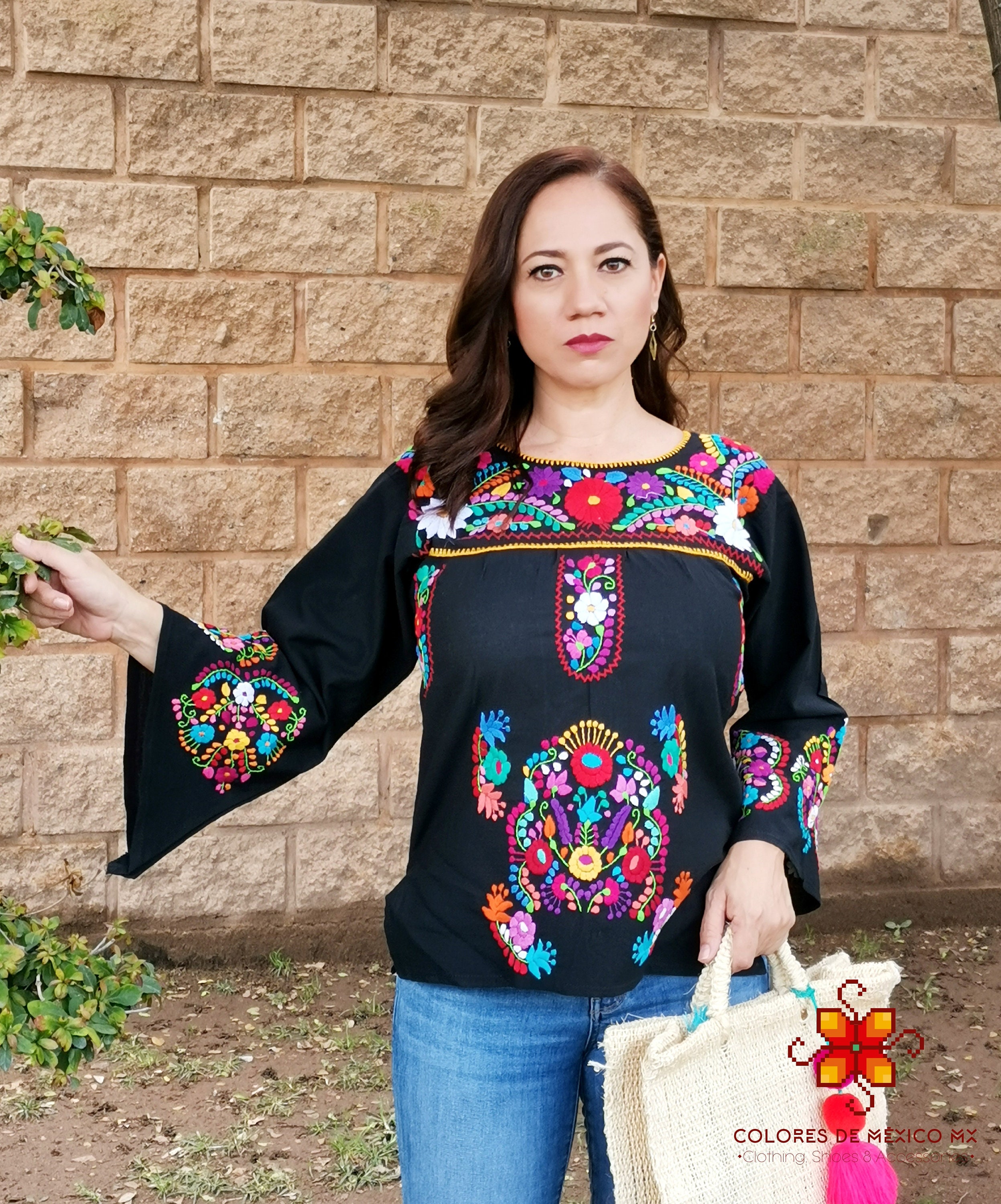 Mexican Blouse Bell Sleeve Color Black - Handmade Blouse