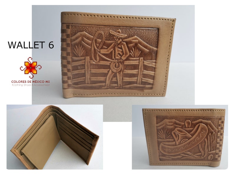 Puede incluir: Una cartera de cuero marr&oacute;n con un dise&ntilde;o estampado de un hombre con un sombrero de ala ancha montando a caballo. La cartera est&aacute; cerrada en la primera imagen, abierta en la segunda imagen y muestra el dise&ntilde;o estampado de un sombrero en la parte posterior en la tercera imagen. El texto "WALLET 6" es visible en la esquina superior izquierda de la imagen.