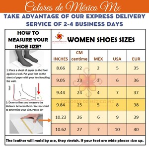 Op de afbeelding: Een tabel met dames schoenmaten in inches, centimeters, Mexicaanse, Amerikaanse en Europese maten. De tabel bevat instructies over hoe je je schoenmaat moet meten.