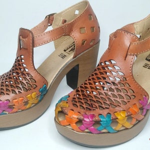 Leather Sandals Platform Heel. Mexican huarache Boho Hippie Rainbow Color. Women Shoes braid. Platform shoes. Lether sandals. summer shoes