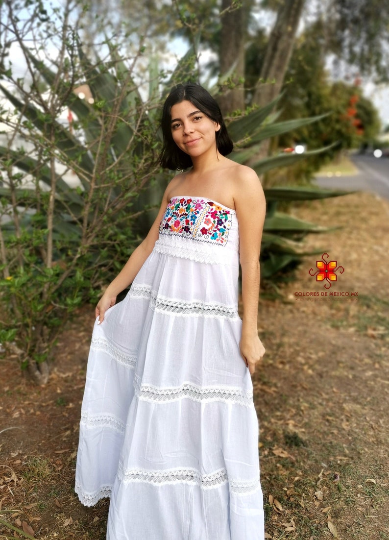 Mexican Dress strapless long dress Embroidered Dress Traditional Mexican Dress mexican dress up mexican folk dress Floral Dress White