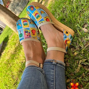 Lottery shoes with platform, Huarache Sandal, Mexican Shoes, women shoes lotery print,  boho sandals, handmade shoes, mexican sty all sizes