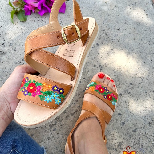 Mexican Sandals Embroidery Flowers Leather Shoes for Women - Etsy