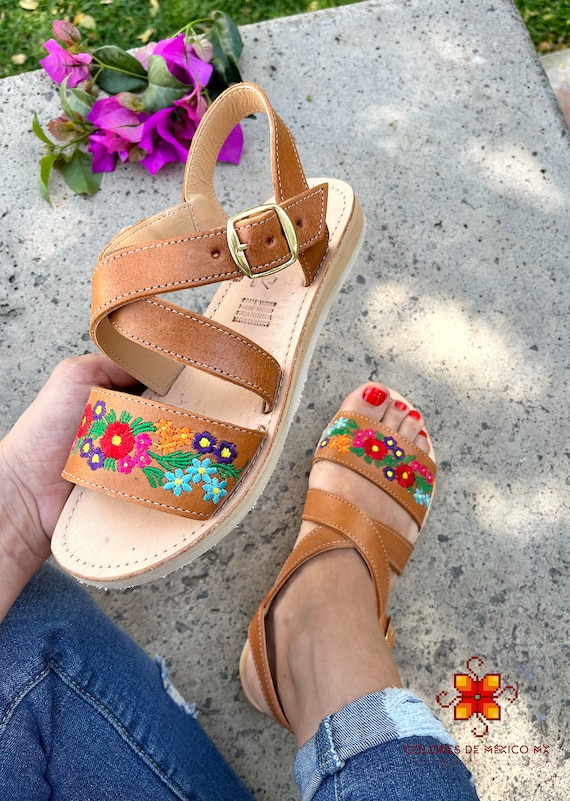 Mexican Sandals Embroidery Flowers Leather Shoes for Women - Etsy
