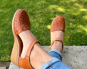 Sandalo messicano in vera pelle con comoda piattaforma da donna - Sandali Huarache - Scarpe messicane in pelle comodi sandali boho