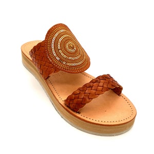 Platform genuine leather sandals with circle of golden beads and braided strip - mexican leather huarache Sandals - Women Shoes comfortable