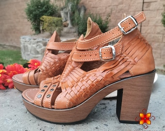 Sandales Huarache en cuir à plateforme - Chaussures bohèmes mexicaines marron pour femmes - Sandales à plateforme - Chaussures à plateforme pour femmes