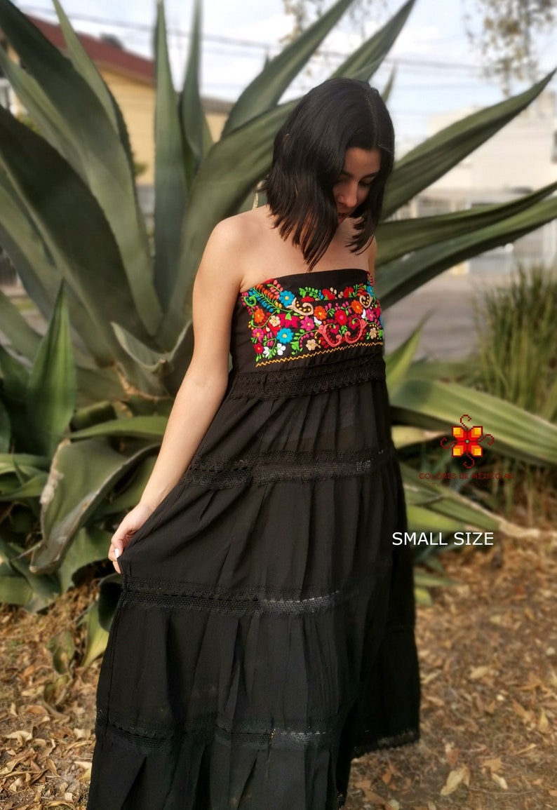 Mexican Dress strapless long dress Embroidered Dress Traditional Mexican Dress mexican dress up mexican folk dress Floral Dress Black