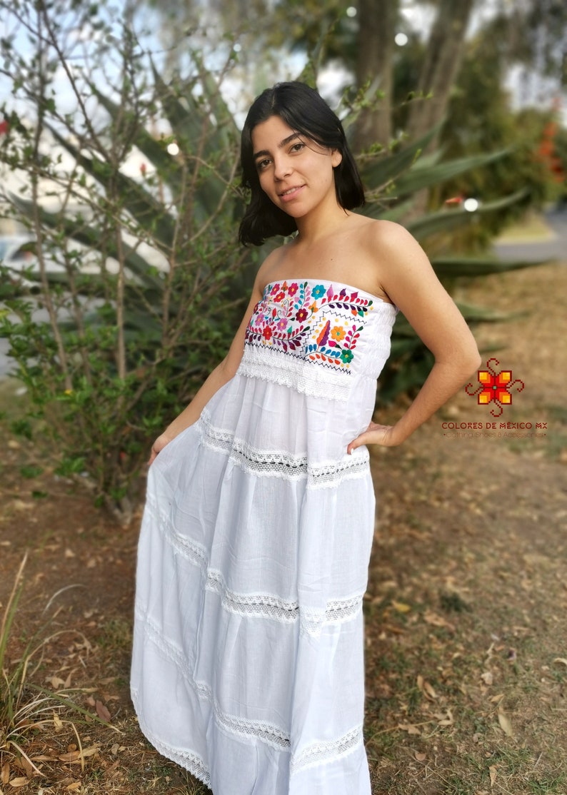 Mexican Dress strapless long dress Embroidered Dress Traditional Mexican Dress mexican dress up mexican folk dress Floral Dress image 4