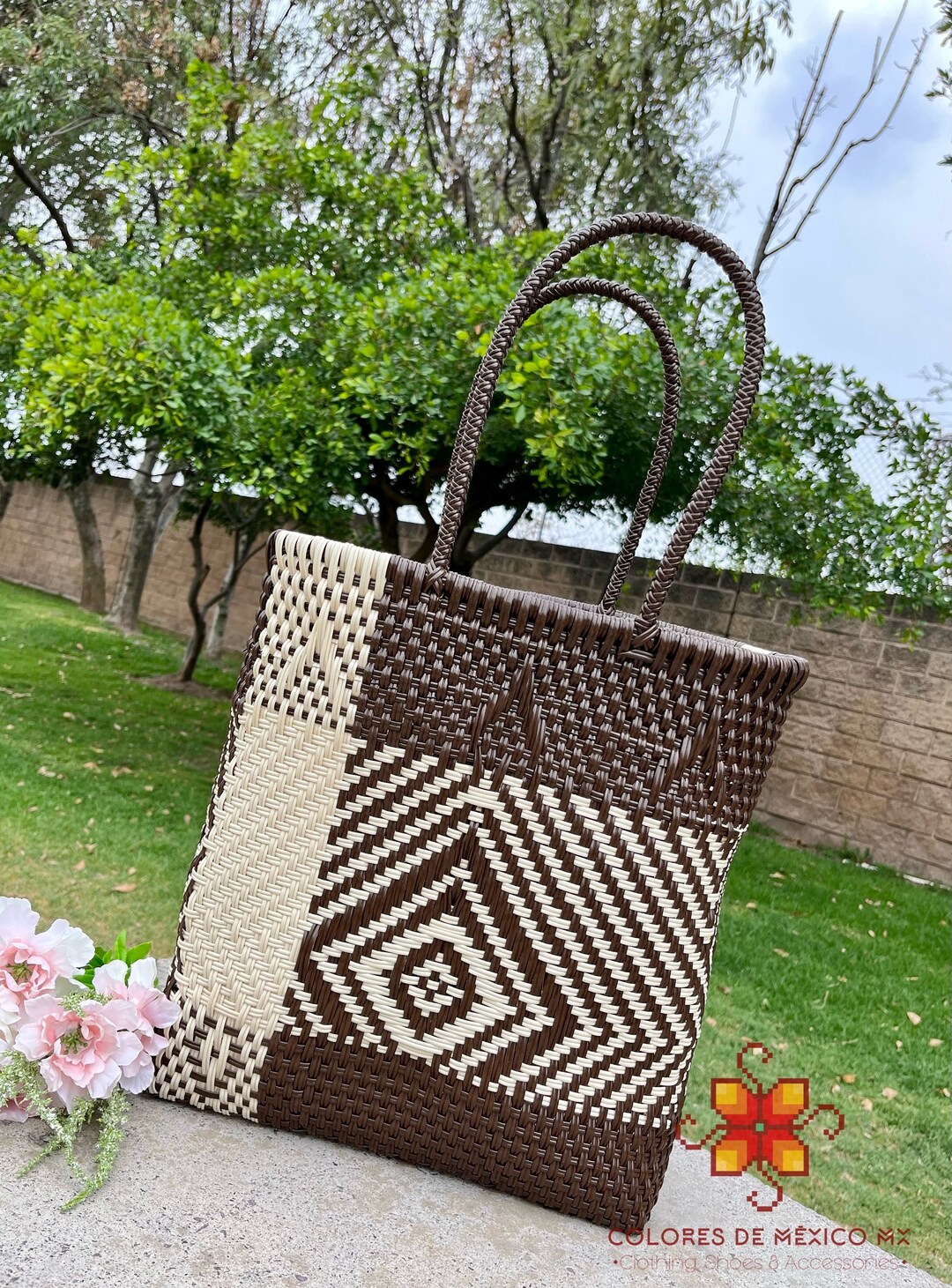 Handmade Plastic Bag Large Long Handle Handycraft Bag Mexican Bag