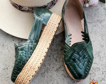 Chaussures à plateforme, sandales Huarache pour femmes, sandales en cuir mexicain, chaussures huaraches en cuir de style mexicain, sandales confortables pour femmes, faites à la main