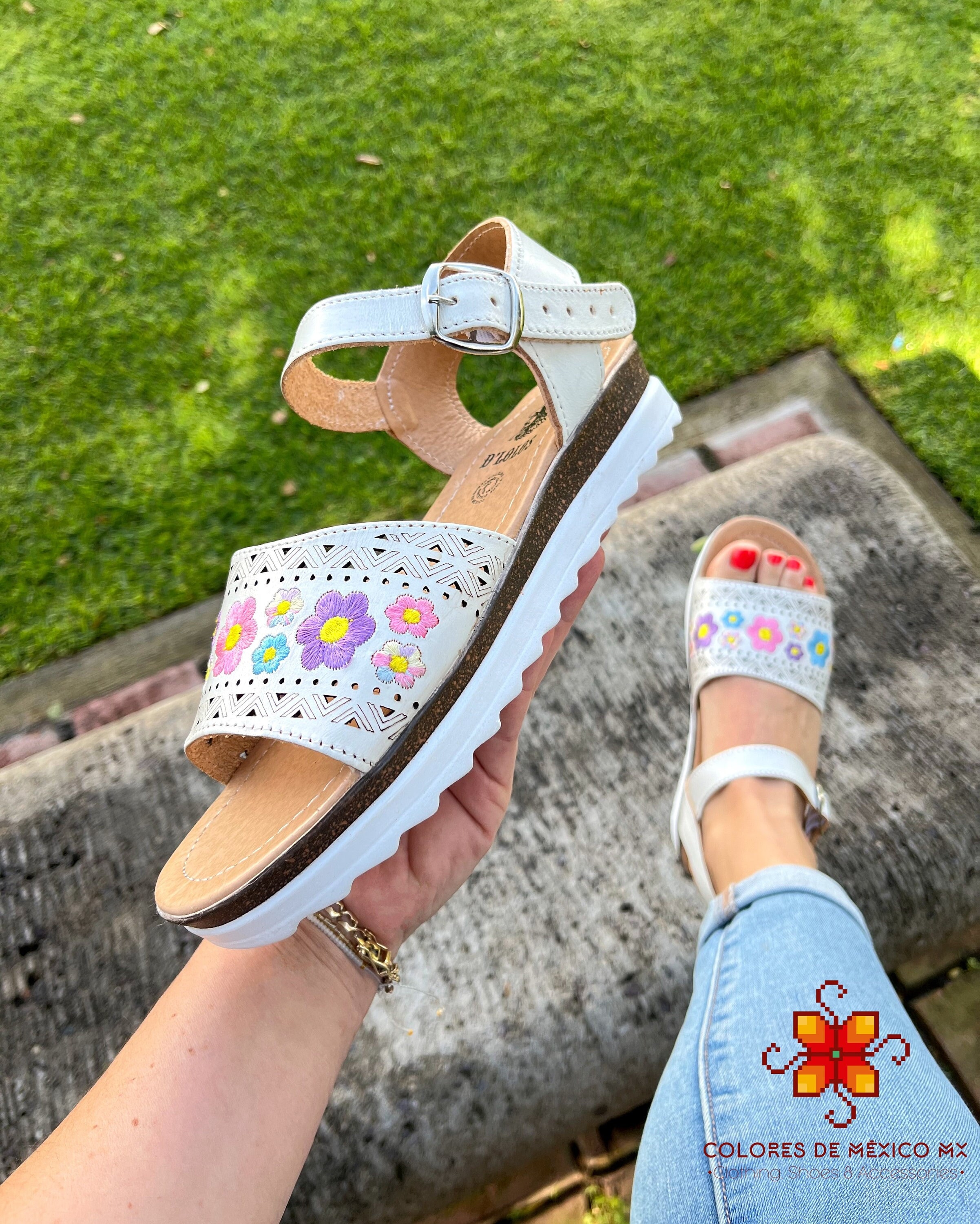 Leather Sandal Embroidered With Pink Blue Flowers Comfortable Sole