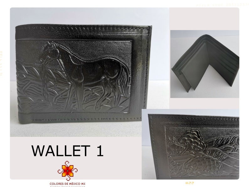 Puede incluir: Cartera de cuero negro con un dise&ntilde;o en relieve de un caballo y follaje. La cartera est&aacute; cerrada y tiene el texto "WALLET 1" impreso debajo.