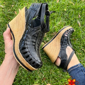 Sandales Huarache à plateforme, sandales en cuir tressé à talon compensé - Chaussures bohèmes mexicaines pour femmes avec boucle - Toutes tailles - Sandales en cuir pour femmes