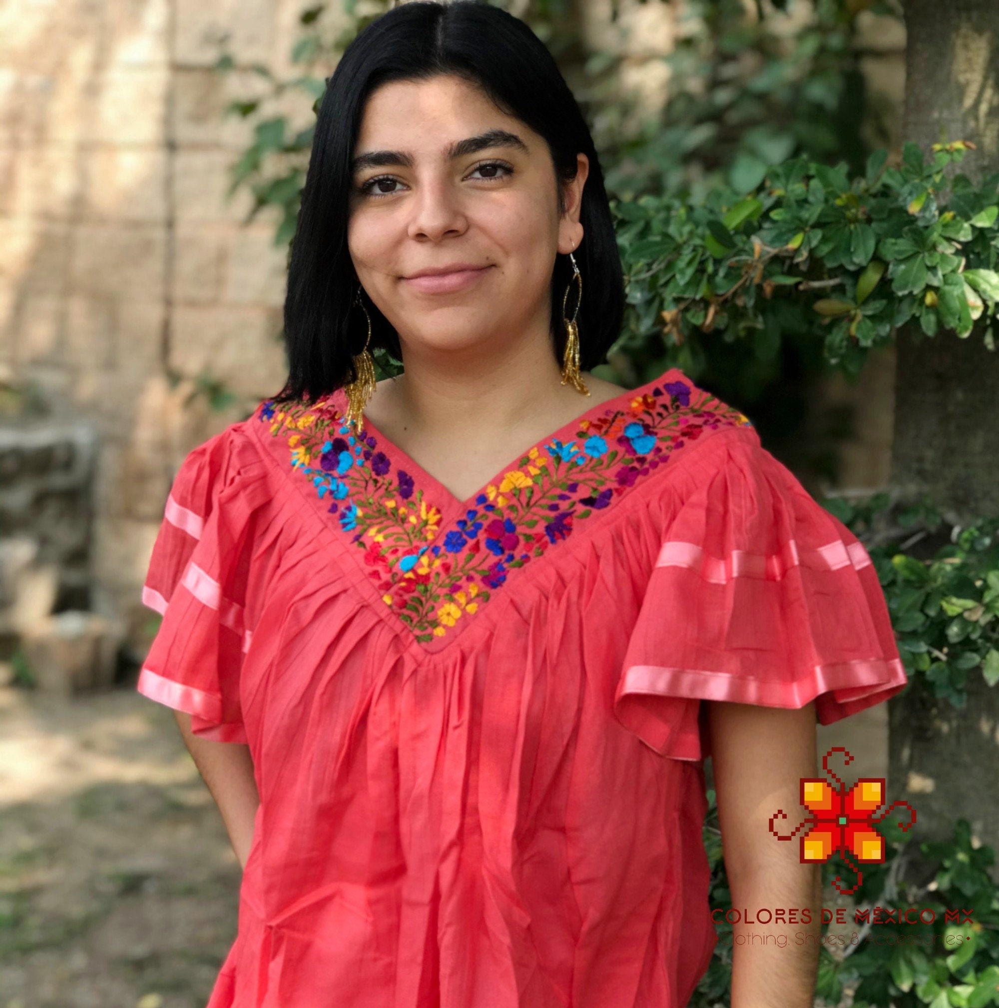 Mexican Blouse Color Coral Short Sleeve Embroidered Flowers - Etsy