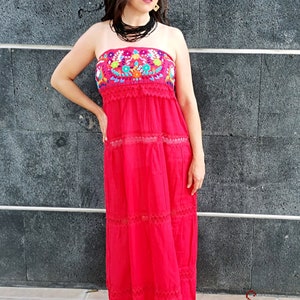 Mexican Dress strapless long dress Embroidered Dress Traditional Mexican Dress mexican dress up mexican folk dress Floral Dress image 6